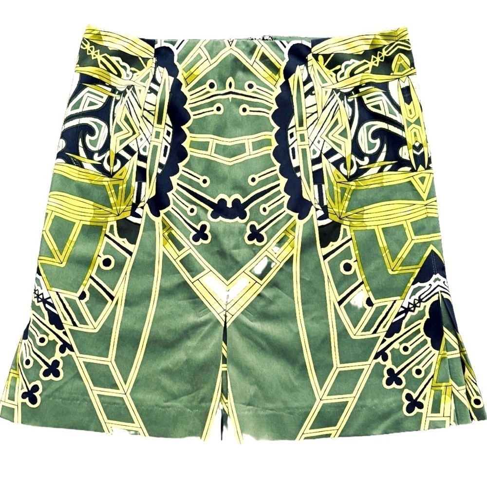 Per Se art green/multi art deco prnt skrt w vents & bk zip SZ 4 art to wear